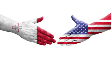 Handshake between Malta and USA flags painted on hands, isolated transparent image. - obrazy, fototapety, plakaty