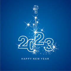 Happy New Year 2023 greetings sparkle firework white line design numbers blue color background