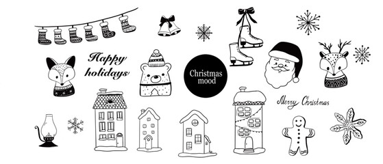 Christmas illustrations doodle set clipart black on white vector winter animals deer, fox, polar bear, socks garland, snowflakes, cookies, house, cottage, winter town, candle