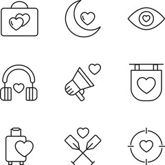 Set of modern outline symbols for internet stores, shops, banners, adverts. Vector isolated line icons of heart by suitcase, The Moon, eye, headphones, loud speaker