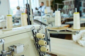 Industrial sewing production or atelier. Sewing machines for creating clothes.