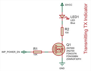 Schematic diagram of electronic device (transmitting tx indicator).
Vector drawing electrical circuit with
transistor, resistor, connecting contacts, led indicator,
ground and power symbols.