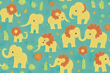 Safari seamless pattern with cute elephants, lions birds and tropical plants. Can be used for t shirt print, kids wear fashion design, baby shower invitation card. 2d illustrated