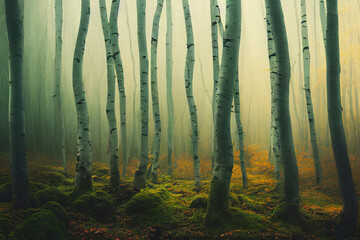 Forest with grass and fog