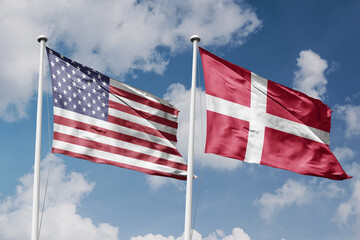 3D illustration, United States and Denmark alliance and meeting, cooperation of states.