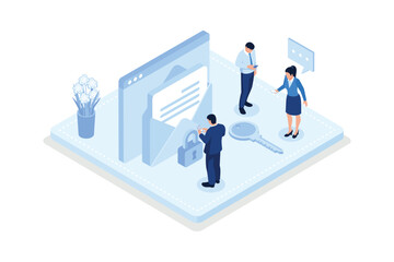 Obraz na płótnie Canvas Characters using Cyber Security Services to Protect Personal Data. Online Payment Security, Cloud Shared Documents, Server Security and Data Protection Concept, isometric vector modern illustration