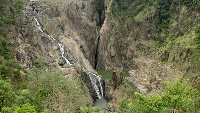 a tilt down clip of barron falls during dry season flows at kuranda in north qld, australia