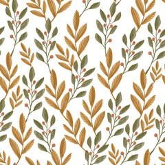 Hand painted floral fall boho seamless pattern. Digital seamless wallpaper, fabric print, textile design. Can be used for scrapbook paper, wrapping paper, packaging.