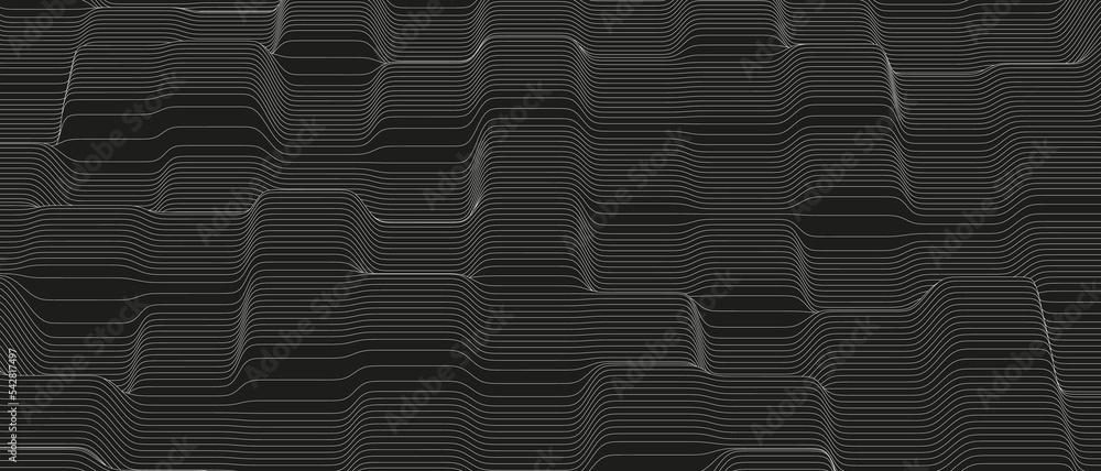 Poster monochrome sound line waves abstract background . distorted line shapes on a black background.