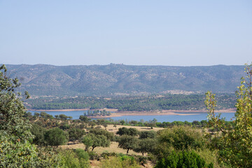 View of the melonares reservoir from the hermitage of San Benido Abad, (Seville, Andalusia).
