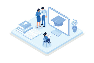 Obraz na płótnie Canvas Characters educating online with laptop, smartphone and improving their skills. Self learning, online education and personal growth concept, isometric vector modern illustration