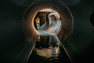 Sewer tunnel worker examines sewer system damage and wastewater leakage
