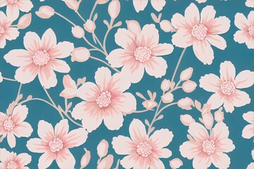 Vintage seamless floral pattern. Liberty style background of small coral pink flowers. Small flowers scattered over a beige background. Stock 2d illustrated for printing on surfaces. Realistic flowers