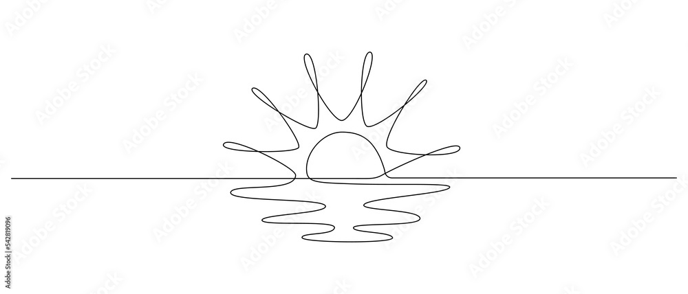 Poster One continuous line drawing of sunny ocean view. Hot temperature and summer sea travel symbol in simple linear style. Solar green energy concept in editable stroke. Doodle vector illustration