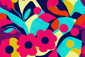 Abstract seamless pattern. Colorful illustration with neon colored groovy flowers. Bright colors, bold silhouettes. trendy digital print for fabric, paper, any surface