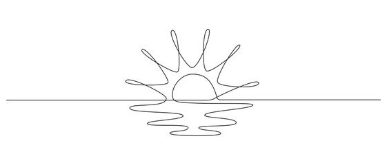 One continuous line drawing of sunny ocean view. Hot temperature and summer sea travel symbol in simple linear style. Solar green energy concept in editable stroke. Doodle vector illustration © Olga Rai