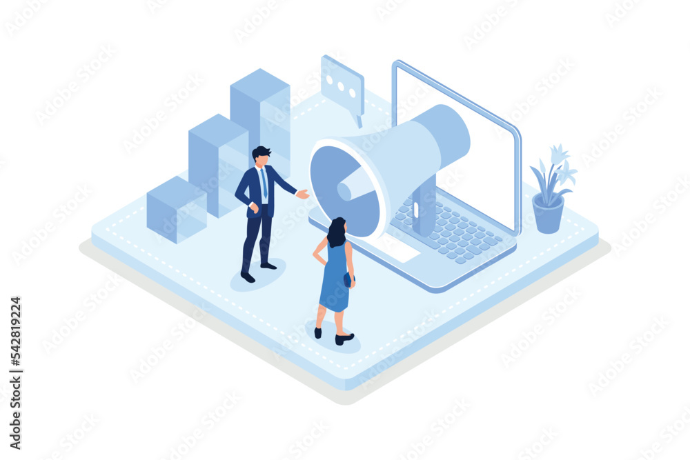 Poster characters integrating with audience on social media platform, offering discount and using marketing