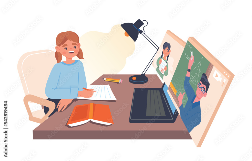Poster child studying concept. girl sitting at computer and listening to remote lecture. math teacher expla