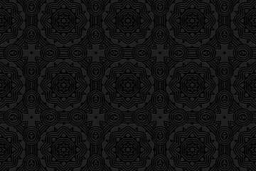 Embossed floral elegant black background, ethnic cover design. Press paper, boho style, art deco. Tribal geometric 3d pattern, artistic texture of East, Asia, India, Mexico, Aztecs, Peru.
