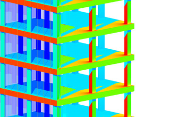 Architettura, ingegneria: section of the building in 3d graphics, as a "prototype" with contrast between surfaces of warm and cold facades of buildings with different colors.