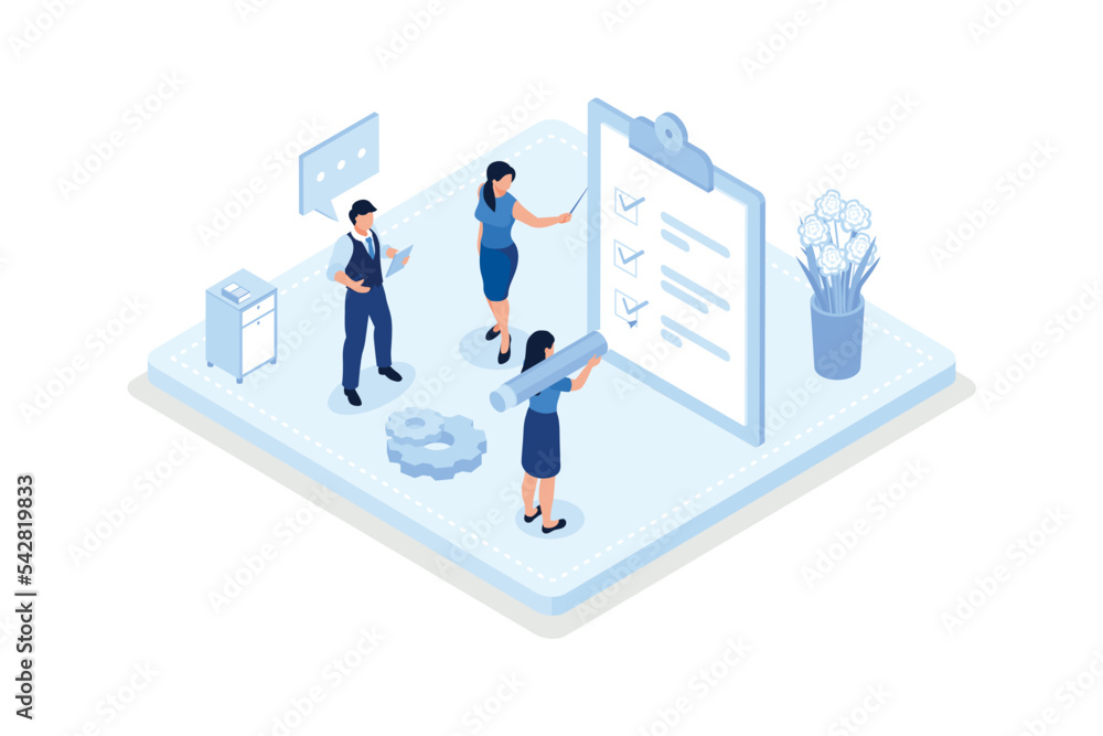 Poster various online survey and rating icons. characters filling survey form, putting check marks on check