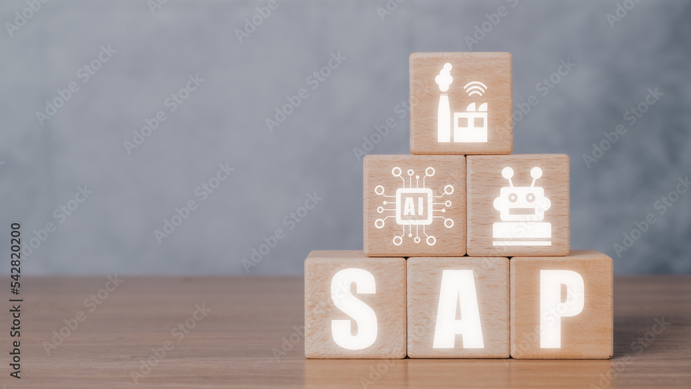Poster sap - business process automation software and management software (sap), wooden block with vr scree