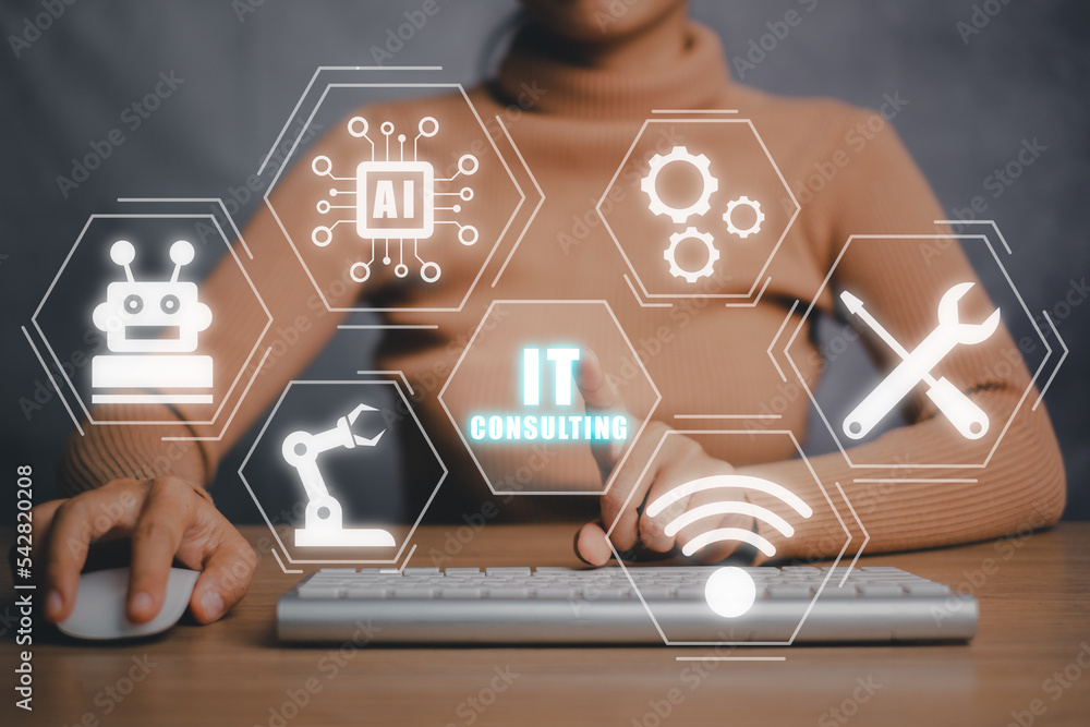 Poster consulting business concept, business person hand using computer with vr screen it consulting icon, 