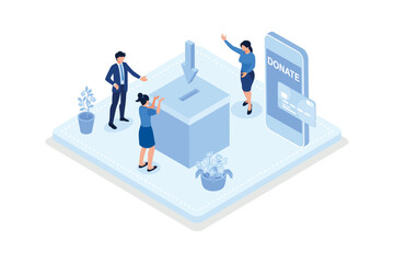 Volunteers putting coins in donation box and donating with credit card online. Financial support and fundraising concept, isometric vector modern illustration