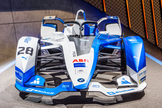 FRANKFURT, GERMANY - SEPT 2019: white blue BMW iFE.18 FORMULA E racing electric car, IAA International Motor Show Auto Exhibtion