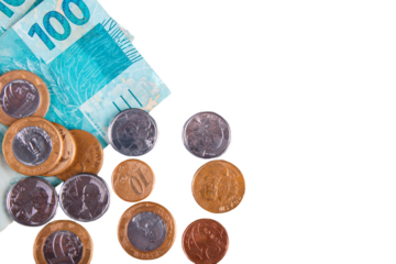 One hundred reais banknotes and coins. Brazilian money. png transparent background