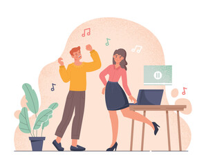 Home dance class. Man and woman next to laptop. Poster or banner for website. Entertainment and learning, distance education. Young guy and girl at party, disco. Cartoon flat vector illustration