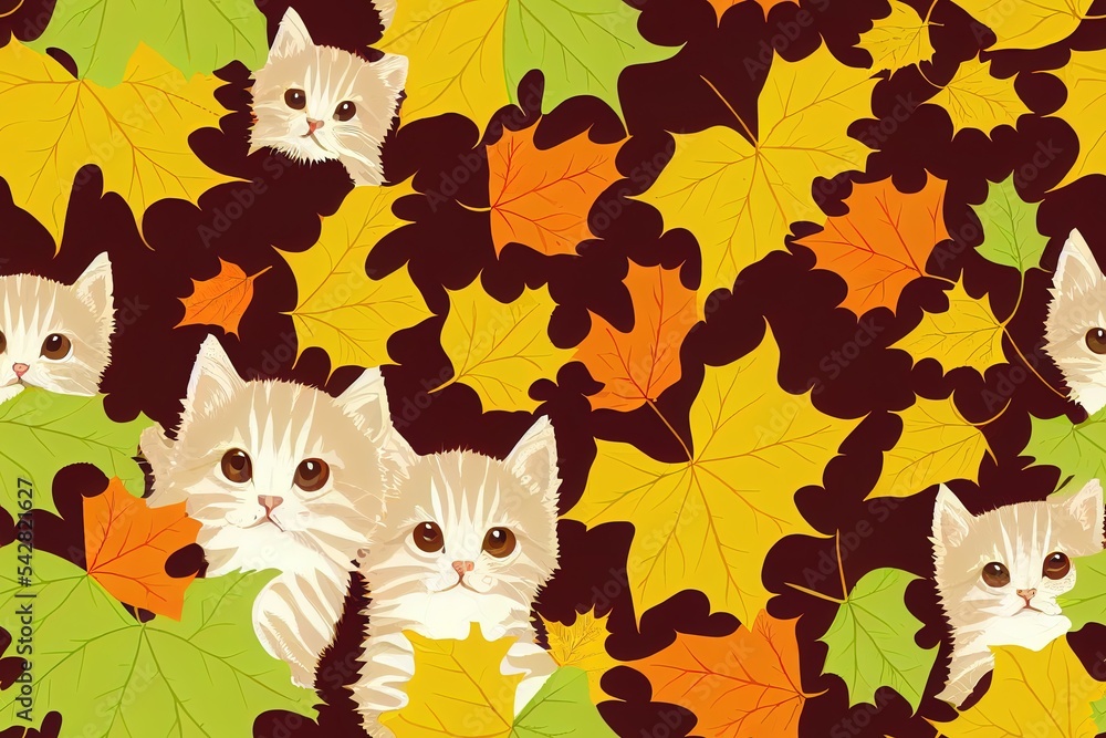 Poster Kittens with maple leaves seamless pattern. Autumn 2d illustrated illustration.