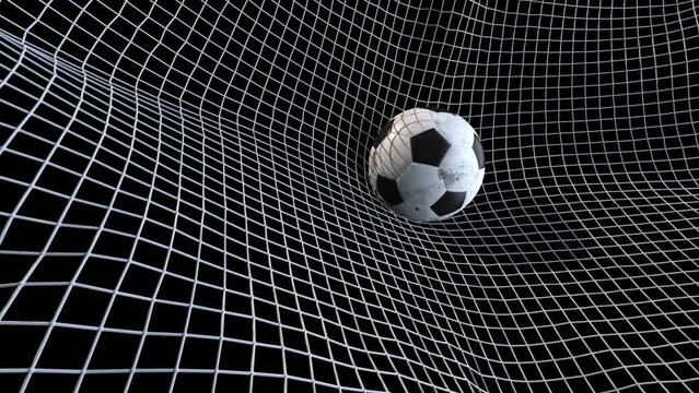 Soccer ball hits net in slow motion Goal, black background. 4k 3d render animation V2