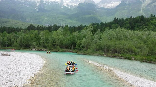 Slovenia Soca river Aerial Drone view 4k rafting Kayaking Mountain alps  boat bovec sucec