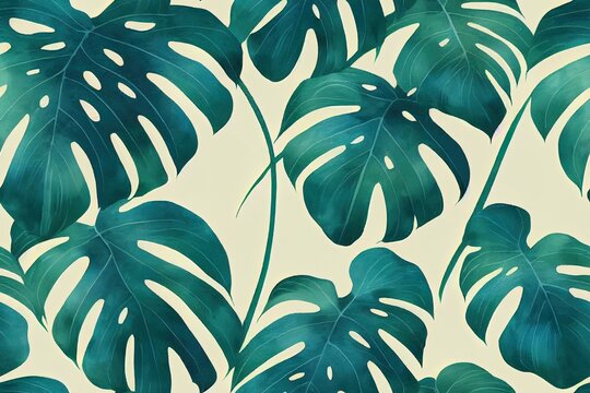 Monstera leaves on isolated background watercolor hand painted floral illustration seamless pattern jungle design