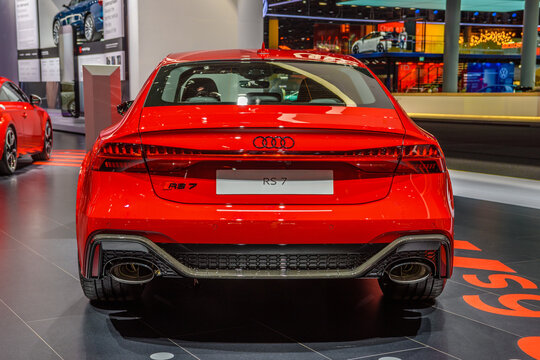 FRANKFURT, GERMANY - SEPT 2019: red AUDI RS7 A7 4K8 sedan, IAA International Motor Show Auto Exhibtion