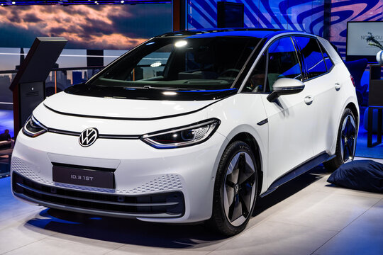 FRANKFURT, GERMANY - SEPT 2019: white VOLKSWAGEN VW I.D.3 first is a compact C-segment electric car based on the MEB platform, IAA International Motor Show Auto Exhibtion