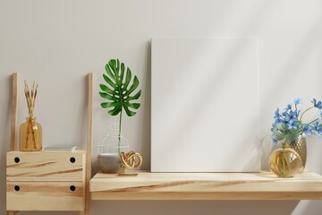 Poster mockup with vertical frame in home interior background.