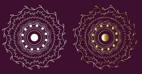 Abstract background lace pattern with gold gradients and white color mandala design in circle 