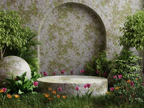 Concrete podium in tropical forest for product presentation and wall moss background.