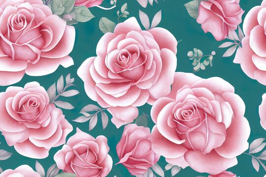 seamless floral watercolor pattern with garden pink, flowers roses, leaves, branches. Botanic tile, background.