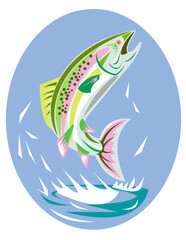 illustration of a trout fish jumping done in retro style