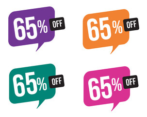 65 percent discount. purple, orange, green and pink balloons for promotions and offers. Vector Illustration on white background