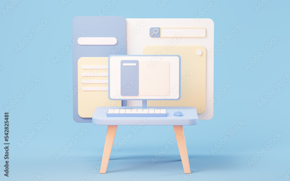 Poster website interface on the screen with cartoon style, 3d rendering.