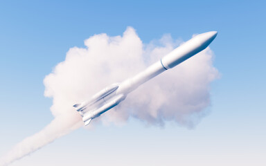 Naklejka na ściany i meble Rocket with blue background, 3d rendering.