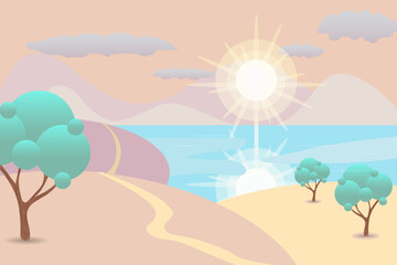 Fabulously beautiful forest landscape for the game. Vector illustration in cartoon style. User interface design. A summer field with a tree, a modern gradient illustration of nature.
