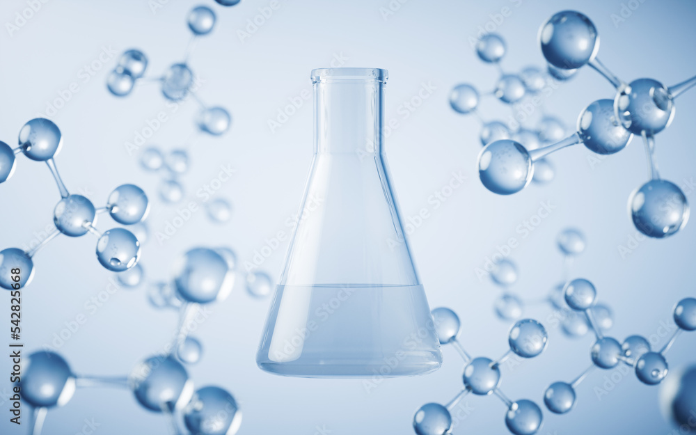 Poster conical flask with blue background, 3d rendering.