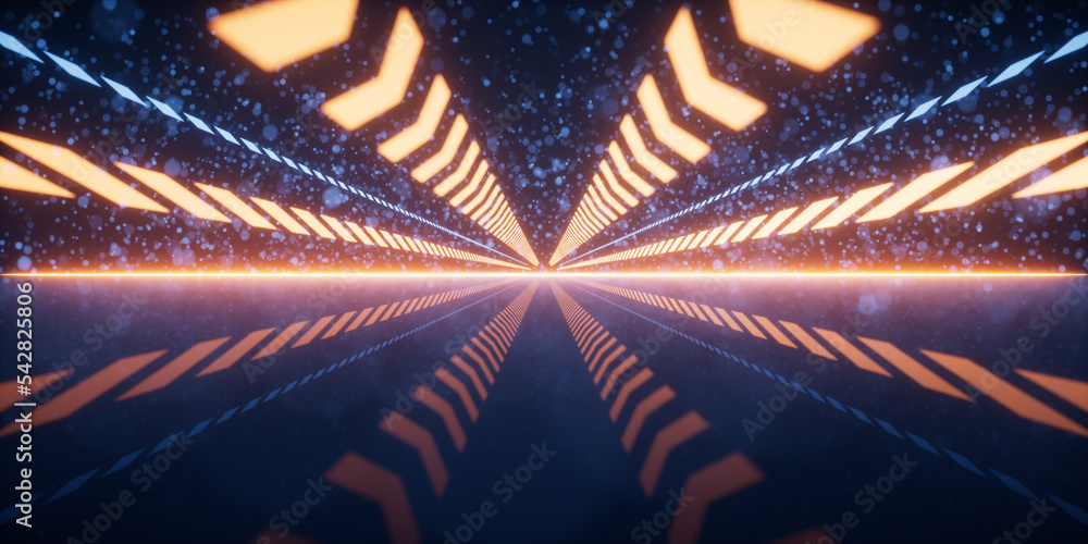 Poster racing track with glowing particles background, 3d rendering.