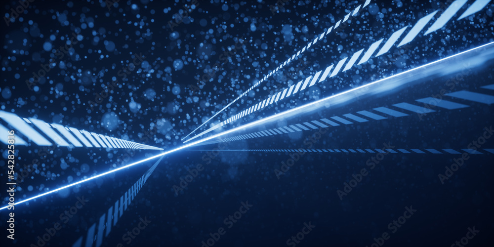 Poster racing track with glowing particles background, 3d rendering.