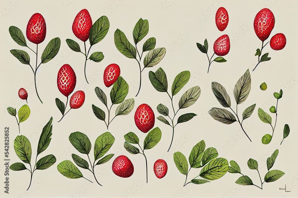 Canvas Prints Wild strawberries isolated illustration set. Strawberries. Forest berries. Strawberries flowers and green leaves. Modern handdrawn 2d illustrated illustration clip art collection for web print design